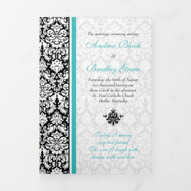 Turquoise Black Damask Tri-Fold Wedding Program (Cover)