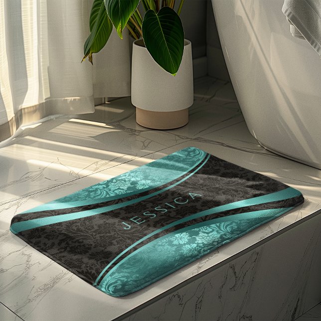Turquoise & Black Floral Damasks Bath Mat (Creator Uploaded)