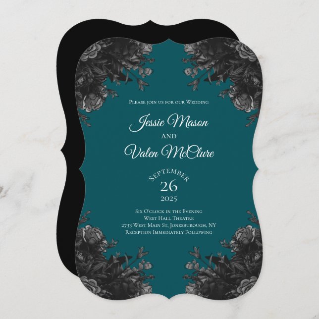 Turquoise Black Grey Roses Gothic Elegant Wedding Invitation (Front/Back)