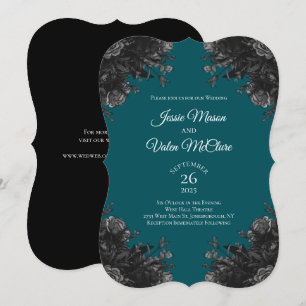 Turquoise Black Grey Roses Gothic Elegant Wedding Invitation