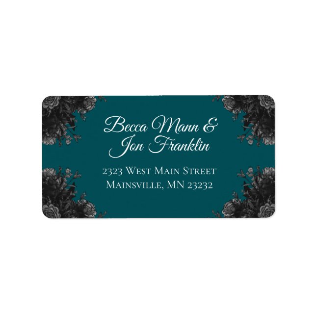 Turquoise Black Grey Roses Gothic Wedding Label (Front)