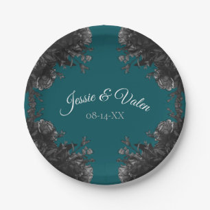 Turquoise Black Grey Roses Gothic Wedding Paper Plate