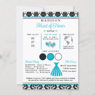 Turquoise, Black Love Hearts Bridesmaid Info Card