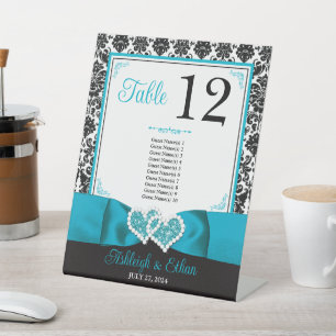 Turquoise, Black Love Hearts Wedding Table Number Pedestal Sign