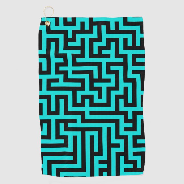 Turquoise Black Maze Lines Golf Towel (Front)