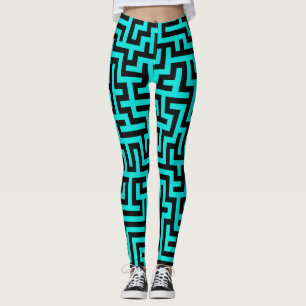 Turquoise Black Maze Lines Leggings
