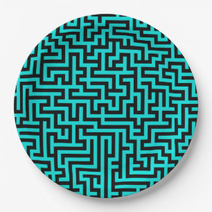 Turquoise Black Maze Lines Paper Plate