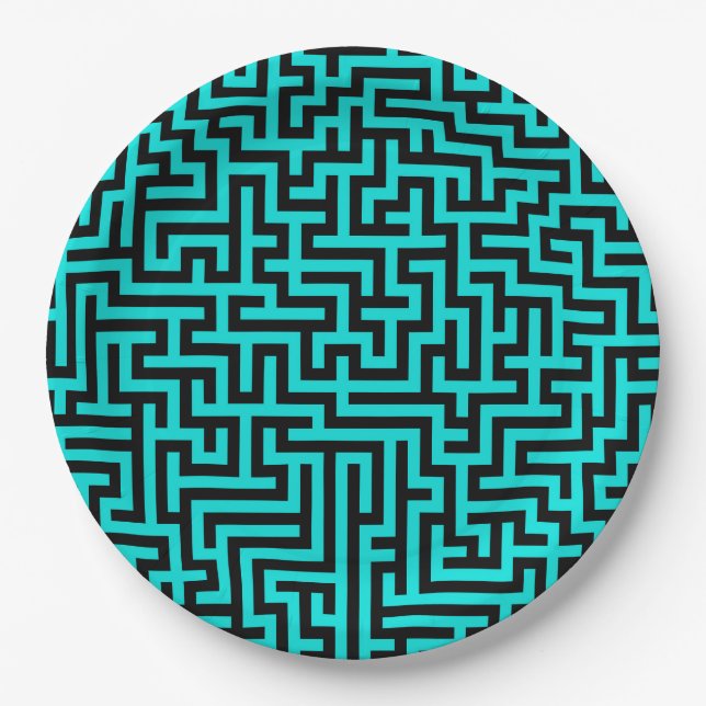 Turquoise Black Maze Lines Paper Plate (Front)