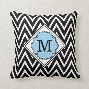 Turquoise & Black Monogram Chevron Pattern Pillow