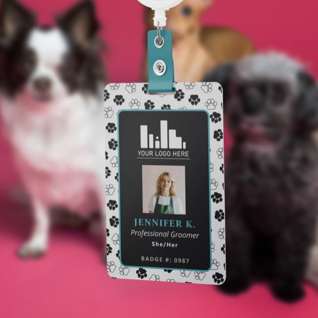 Turquoise Black Paw Print & Logo Dog Groomer ID ID Badge (Creator Uploaded)