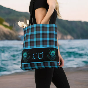 Turquoise Black Plaid Peacock Feathers Monogram Tote Bag