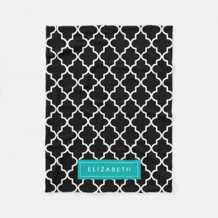 Turquoise & Black Quatrefoil   Fleece Blanket