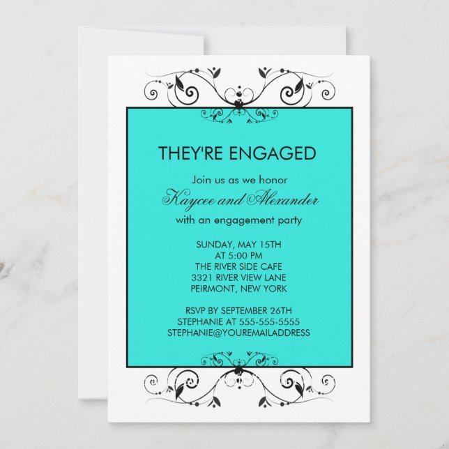 Turquoise & Black Scroll Engagement Invitations (Front)
