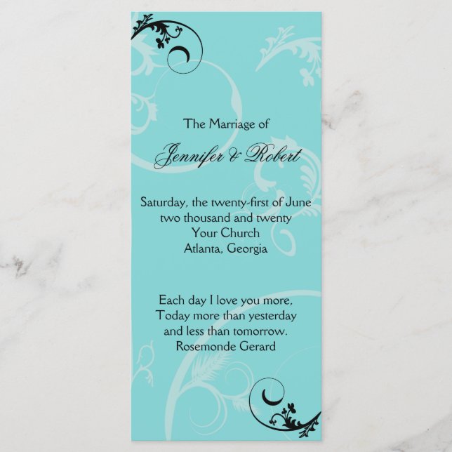 Turquoise Black Swirl Flourish Wedding Program (Front)