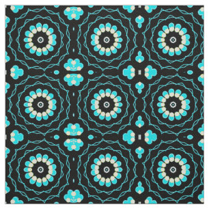 Turquoise & Black Trendy Floral Geometric Pattern Fabric