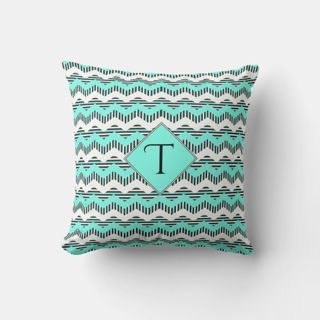 Turquoise, Black & White Chevron, Custom Monogram Cushion (Front)
