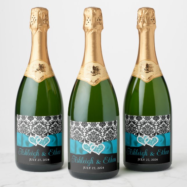 Turquoise, Black, White Damask Love Hearts Wedding Sparkling Wine Label (Bottles)
