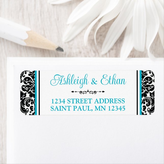 Turquoise, Black White Damask Wedding Address Return Address Label (Insitu)