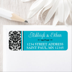Turquoise, Black White Damask Wedding Address Return Address Label
