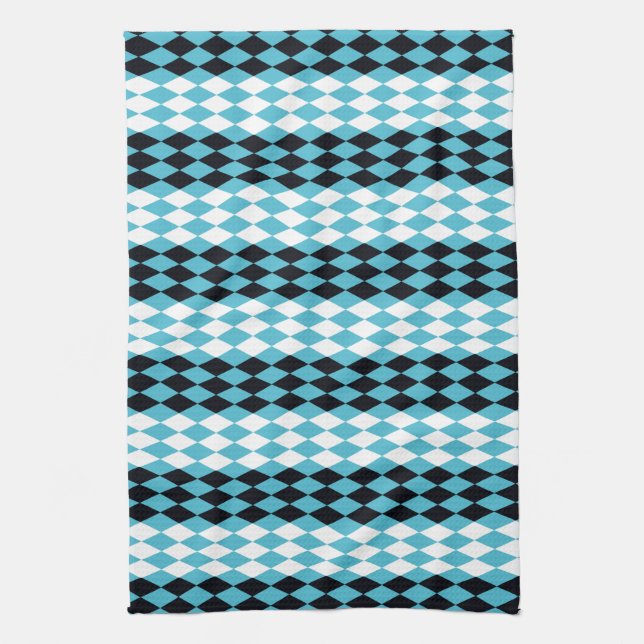 Turquoise ,black, white diamonds tea towel (Vertical)