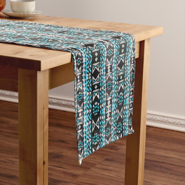 Turquoise, Black & White Tribal Mug Short Table Runner (In Situ)