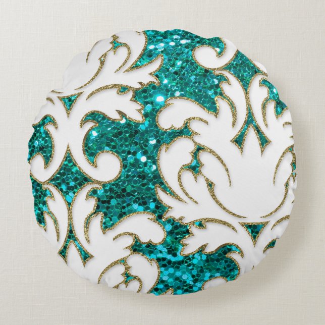 Turquoise Bling Damask Round Cushion (Front)