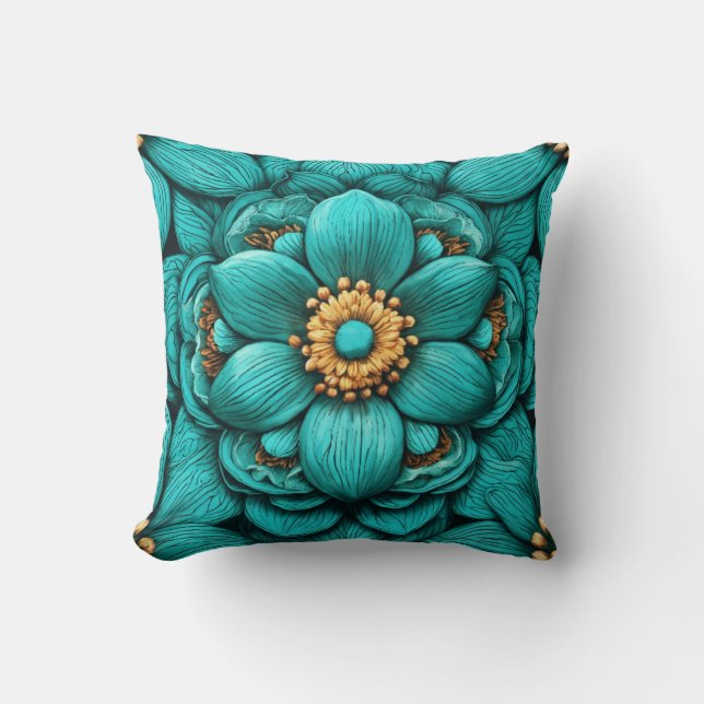 Turquoise Bloom Pen-Drawn Elegance Cushion (Front)