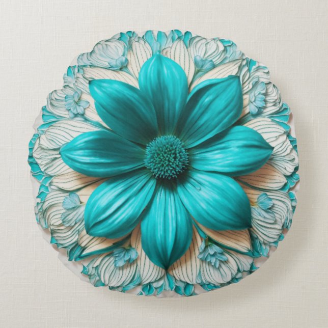 Turquoise Bloom Round Floral Charm Round Cushion (Front)