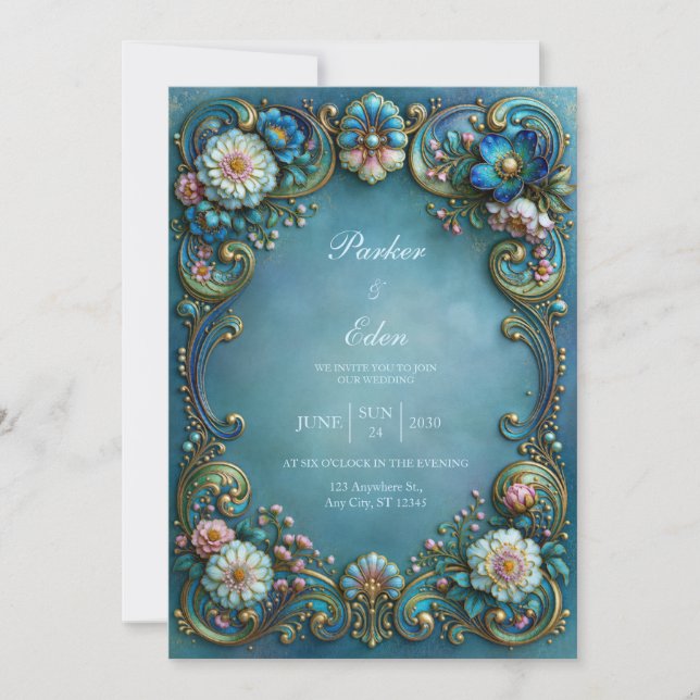 Turquoise Blossom Filigree Wedding Invitation (Front)