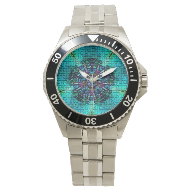 TURQUOISE BLUE ABSTRACT FRACTAL MOSAIC WATCH (Front)