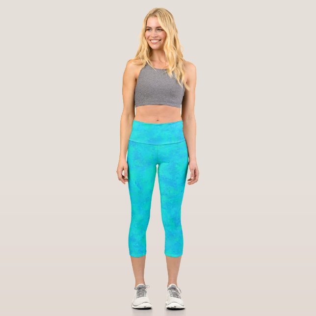 Turquoise Blue Abstract Pattern Capri Leggings (Front)