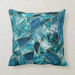Turquoise Blue Agate Black Gold Geometric Triangle Cushion
