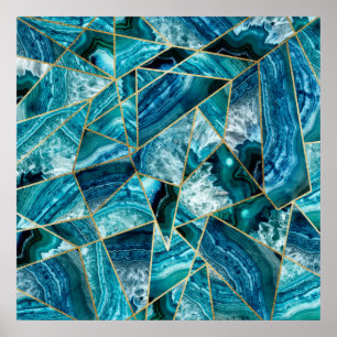 Turquoise Blue Agate Black Gold Geometric Triangle Poster