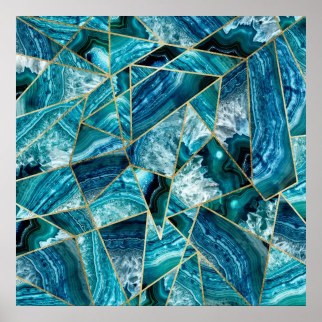 Turquoise Blue Agate Black Gold Geometric Triangle Poster (Front)