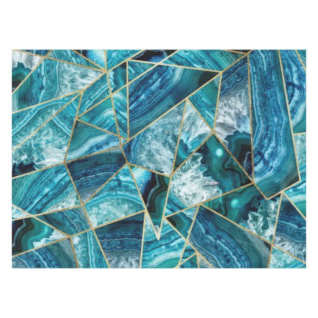 Turquoise Blue Agate Black Gold Geometric Triangle Tablecloth (Front (Horizontal))