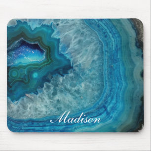 Turquoise Blue Agate Geode Monogram Name Mouse Pad