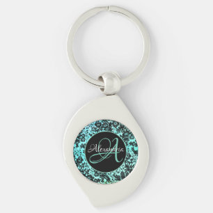  Turquoise Blue and Black Floral Monogram   Key Ring