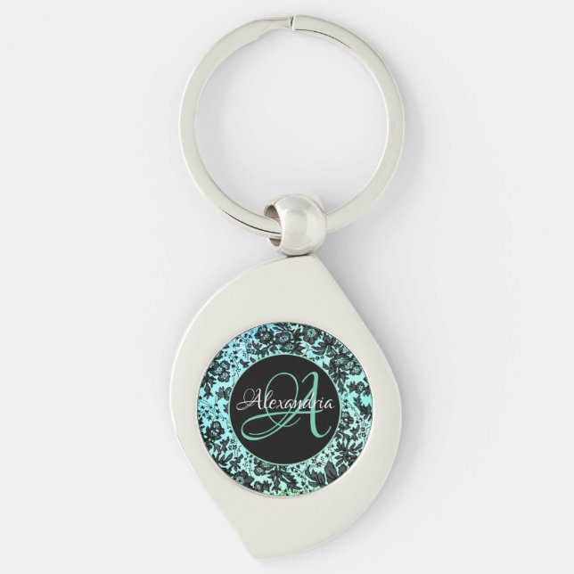  Turquoise Blue and Black Floral Monogram   Key Ring (Front)