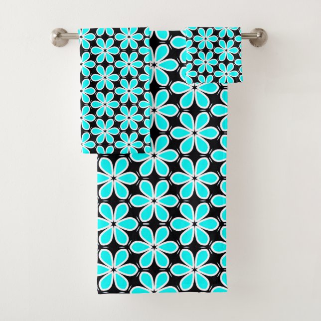 Turquoise Blue and Black Floral Pattern Bath Towel Set (Insitu)
