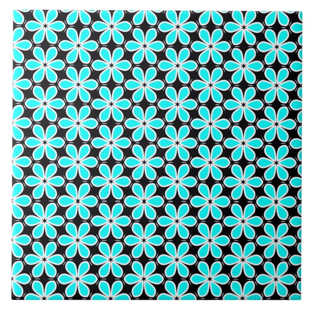 Turquoise Blue and Black Floral Pattern Ceramic Tile (Front)
