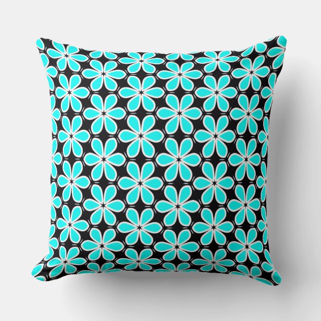 Turquoise Blue and Black Floral Pattern  Cushion (Front)