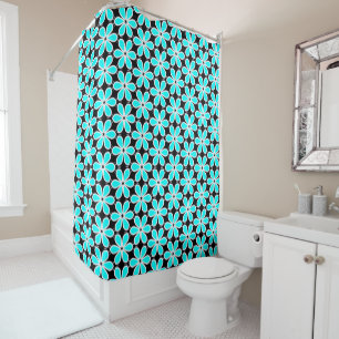 Turquoise Blue and Black Floral Pattern Shower Curtain