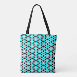 Turquoise Blue and Black Floral Pattern Tote Bag