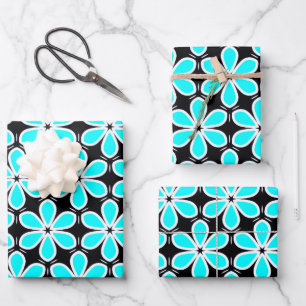 Turquoise Blue and Black Floral Pattern Wrapping Paper Sheet