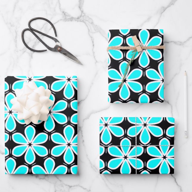 Turquoise Blue and Black Floral Pattern Wrapping Paper Sheet (Front)