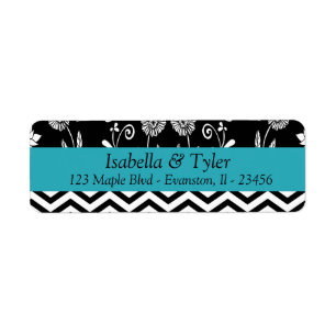 Turquoise Blue and Black Floral Return Address Label