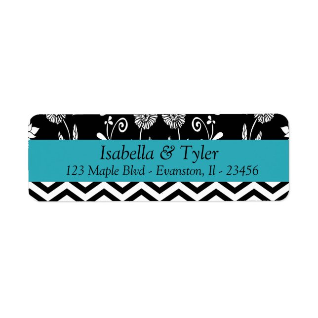 Turquoise Blue and Black Floral Return Address Label (Front)