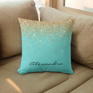 Turquoise Blue and Black Glitter Sparkle Monogram Cushion