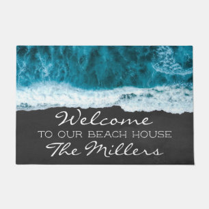 Turquoise Blue and Black Ocean Beach House Family Doormat