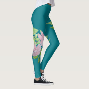 turquoise blue and bold pink flower pattern floral leggings
